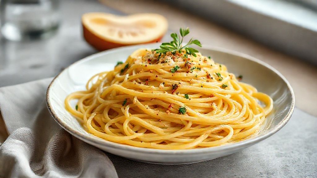 Prato de espaguete alho e óleo simples com alho dourado e salsinha, servido de forma apetitosa.