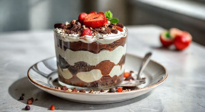 Sobremesa cremosa servida em taças, com camadas de creme e pedaços de Bis decorando o topo