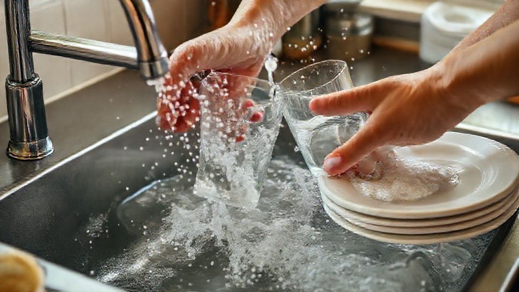 Mãos lavando copos e pratos sob água quente, aplicando detergente e espuma.