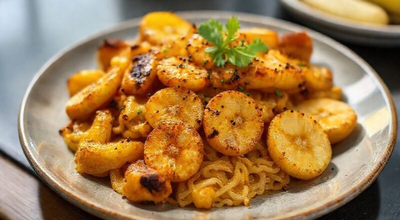 Farofa de banana quentinha dourada e soltinha, servida em uma travessa rústica, com pedaços de banana e castanhas.