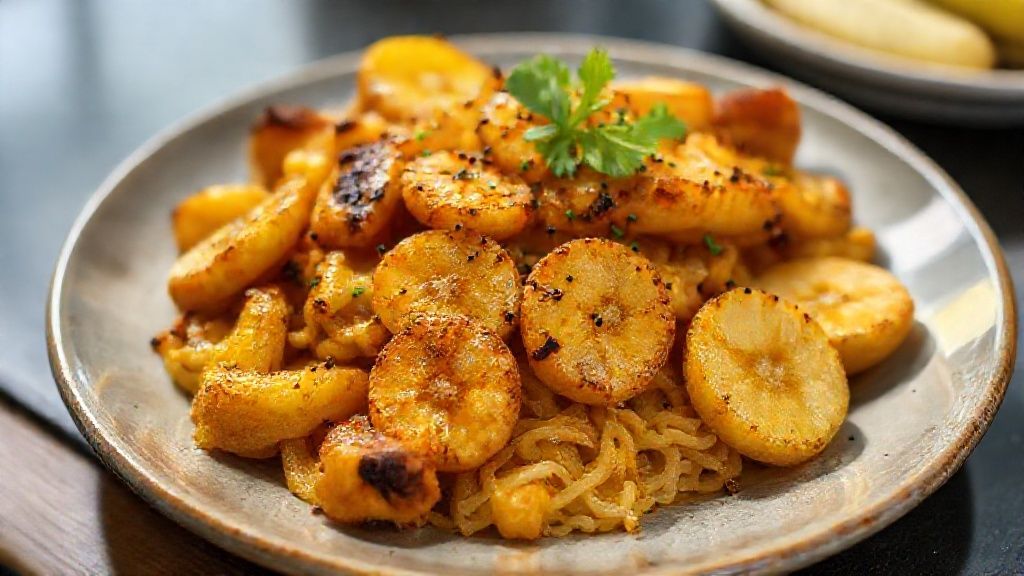 Farofa de banana quentinha servida em travessa de barro, dourada e crocante, perfeita para acompanhar churrascos e pratos típicos.