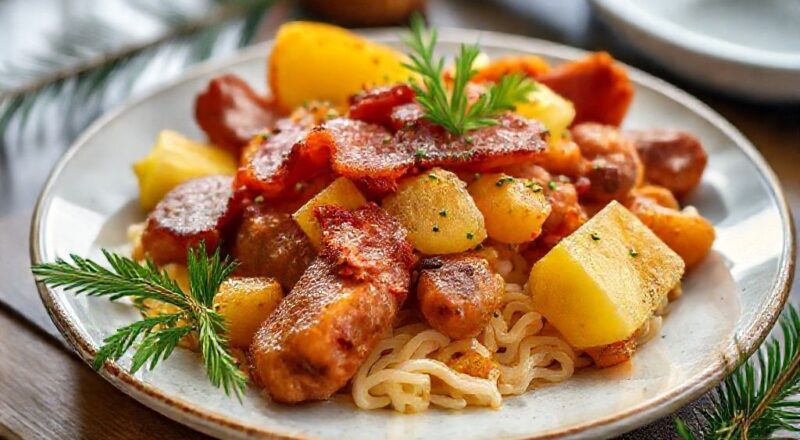 Farofa natalina dourada com pedaços de bacon crocante, calabresa e cubos de abacaxi caramelizados, servida em tigela festiva