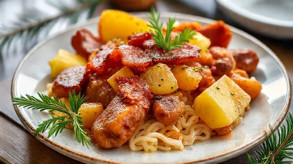 Farofa de Natal com bacon, calabresa e abacaxi dourado, crocante e colorida servida em tigela natalina
