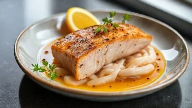 Travessa de farofa de ova de tainha dourada e crocante, decorada com cheiro-verde e limão