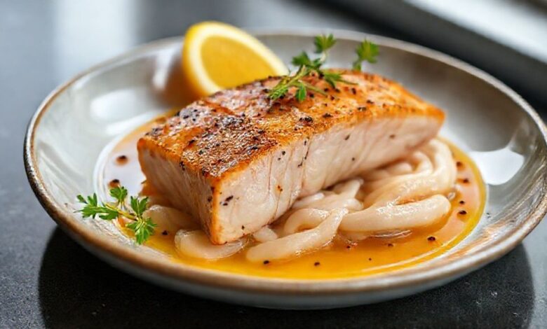 Travessa de farofa de ova de tainha dourada e crocante, decorada com cheiro-verde e limão