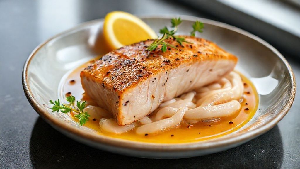 Travessa de farofa de ova de tainha dourada e crocante, decorada com cheiro-verde e limão