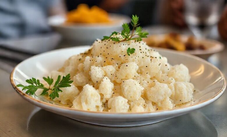 Travessa grande de farofa fria colorida, com legumes e ovos picados, ideal para servir em eventos e churrascos