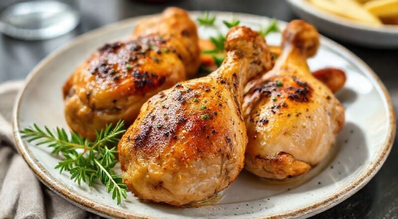 Filés de coxa e sobrecoxa assados, dourados e suculentos servidos com ervas frescas e limão