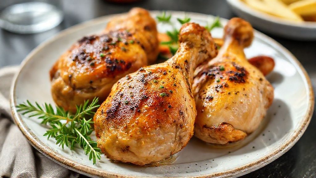 Filé de coxa e sobrecoxa assada dourada e suculenta servida em travessa rústica com ervas frescas.