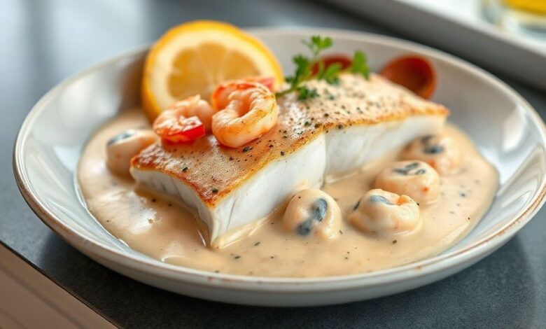 Filé de merluza dourado coberto por molho cremoso de camarão e salsinha, servido em prato elegante com arroz e legumes.
