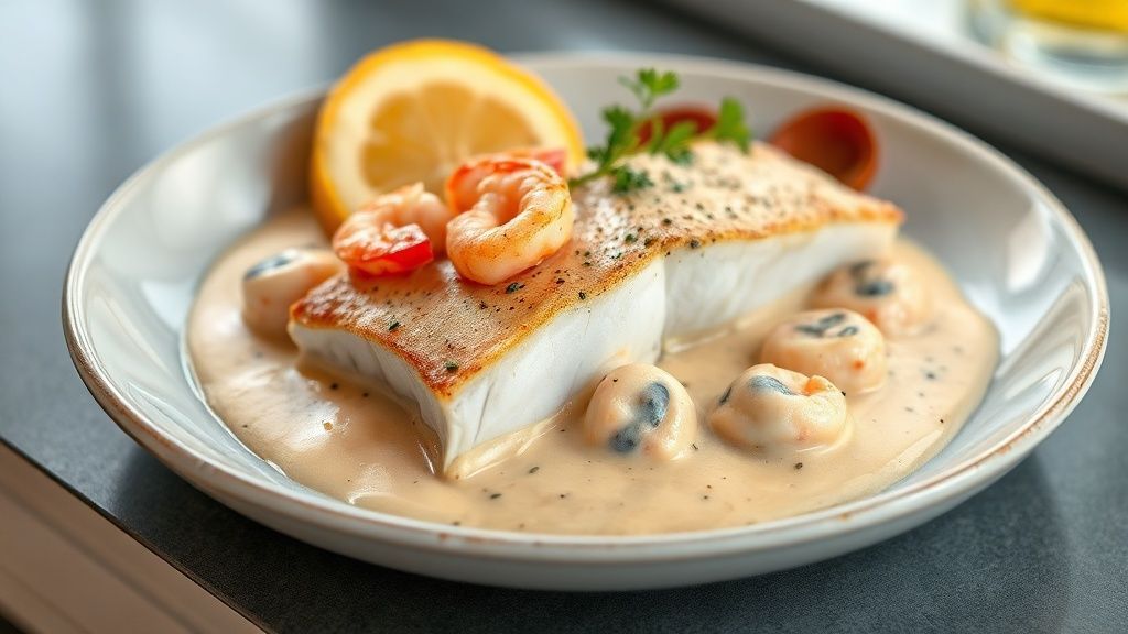 Filé de merluza dourado coberto por molho cremoso de camarão e salsinha, servido em prato elegante com arroz e legumes.