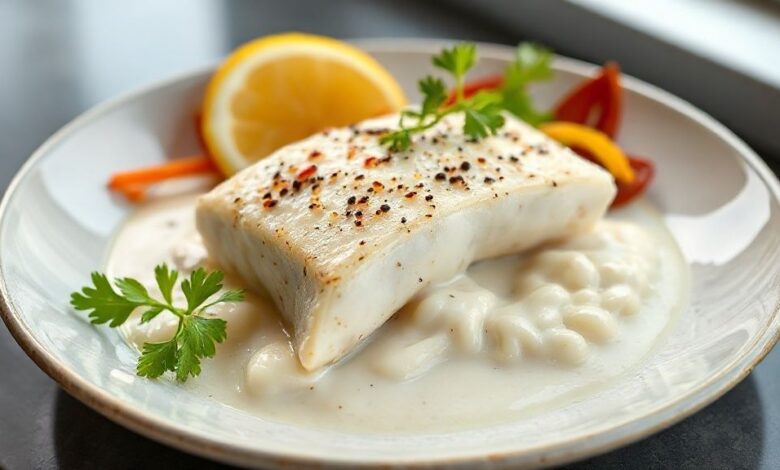 Prato de filé de merluza ao molho de leite de coco cremoso, decorado com coentro e servido com arroz branco