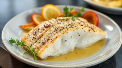 Filé de tilápia à parmegiana servido em refratário com queijo derretido e molho de tomate artesanal