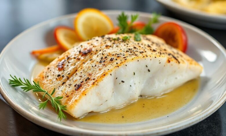 Filé de tilápia à parmegiana servido em refratário com queijo derretido e molho de tomate artesanal