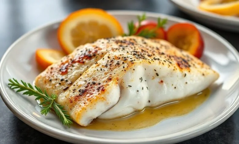 Filé de tilápia assado dourado com tomates e alho-poró, regado com azeite e ervas frescas em prato elegante