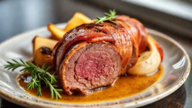 Filé mignon assado com bacon dourado, fatiado e servido com batatas e ervas, em travessa natalina elegante