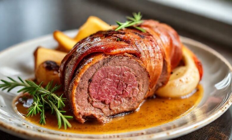 Filé mignon assado com bacon dourado, fatiado e servido com batatas e ervas, em travessa natalina elegante