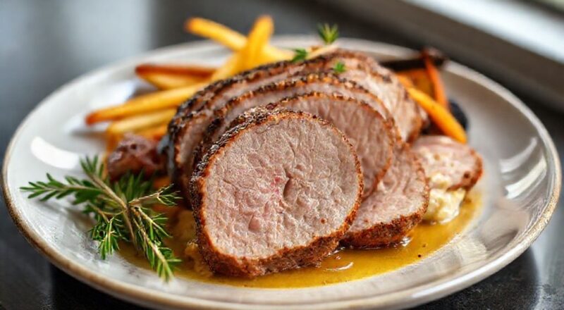 Filé mignon suíno assado inteiro, fatiado e servido em prato rústico, dourado e suculento