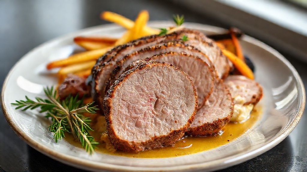 Filé mignon suíno assado inteiro no forno servido em fatias douradas com cebolas e ervas