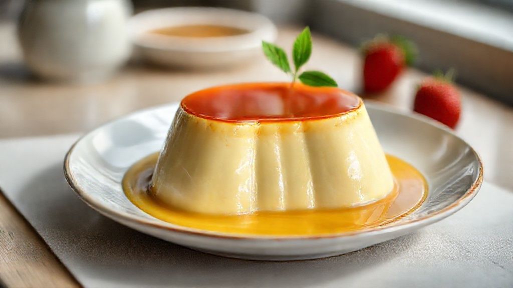 Flan de baunilha cremoso com calda dourada de caramelo, textura suave e brilho apetitoso.