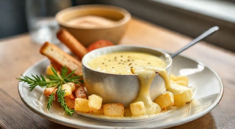 Fondue de queijo cremoso servido em panela de cerâmica com pão e legumes ao redor, visual acolhedor e convidativo