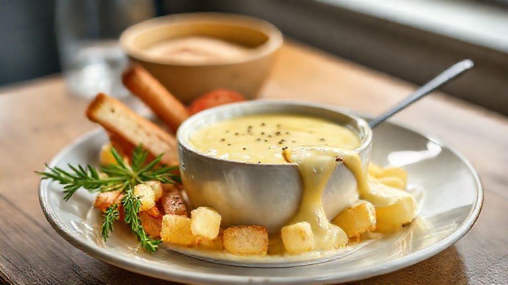 Fondue de queijo cremoso servido quente em panela tradicional com pão e acompanhamentos