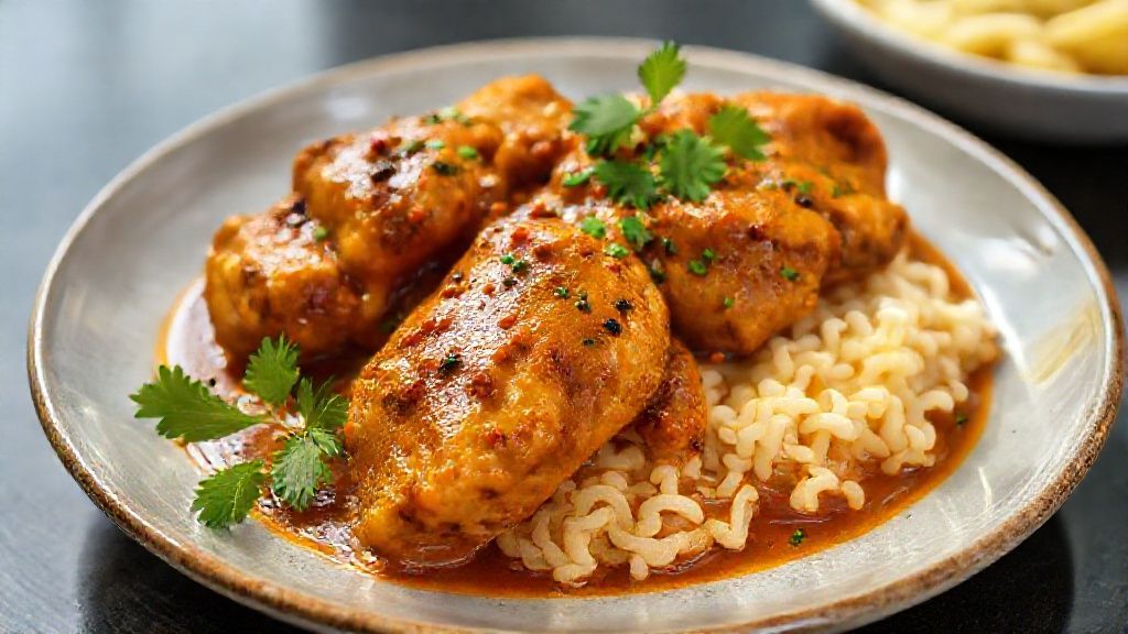 Prato de frango ao molho com molho encorpado e cor dourada, servido com arroz branco — frango ao molho caseiro