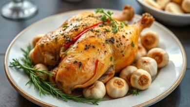 Frango assado dourado servido em travessa rústica com dentes de alho dourados e ervas aromáticas.