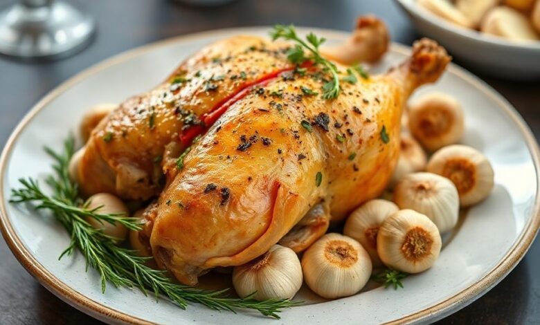Frango assado dourado servido em travessa rústica com dentes de alho dourados e ervas aromáticas.