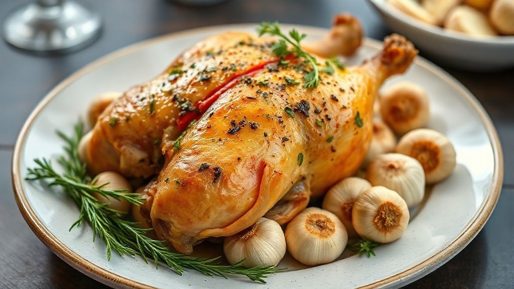 Frango aos 40 alhos dourado e suculento servido com molho cremoso de alho e ervas frescas