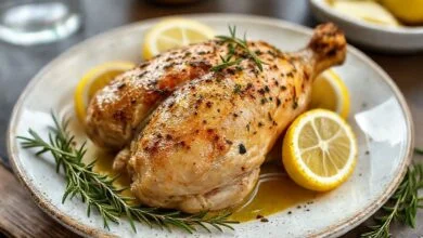 Frango assado dourado, servido em travessa com rodelas de limão siciliano e ramos de ervas frescas