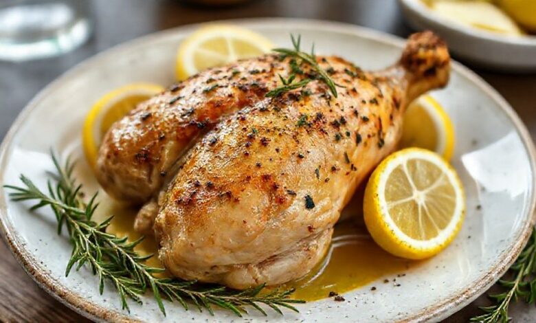 Frango assado dourado, servido em travessa com rodelas de limão siciliano e ramos de ervas frescas