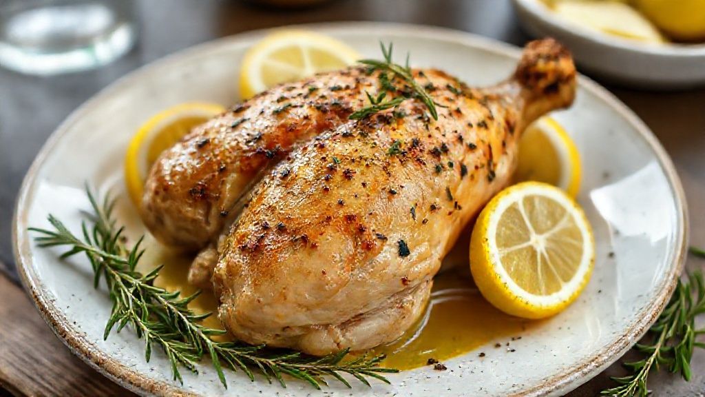 Frango assado inteiro com limão siciliano e ervas frescas dourado e suculento em travessa natalina