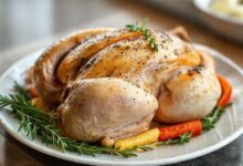 Prato de frango assado dourado servido com ervas, mostrando que mesmo após congelar o frango mantém aparência deliciosa