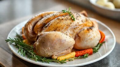 Prato de frango assado dourado servido com ervas, mostrando que mesmo após congelar o frango mantém aparência deliciosa