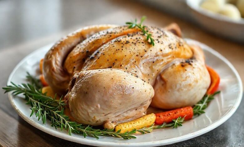 Prato de frango assado dourado servido com ervas, mostrando que mesmo após congelar o frango mantém aparência deliciosa