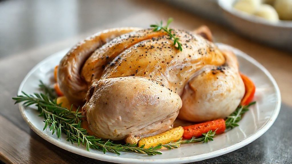 Prato de frango assado dourado servido com ervas, mostrando que mesmo após congelar o frango mantém aparência deliciosa