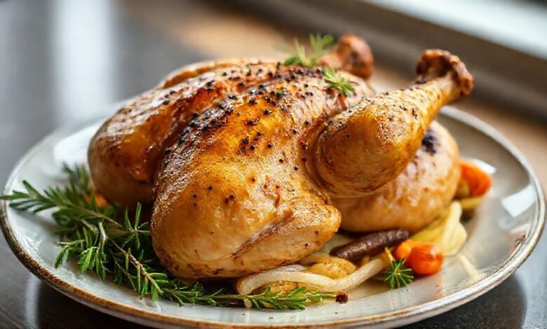 Frango assado dourado, com pele crocante e carne suculenta, servido em travessa rústica