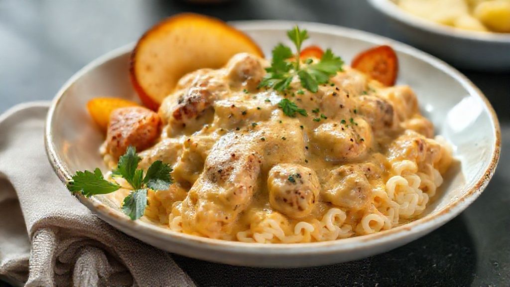 Frango cremoso servido em prato fundo, com molho dourado e cheiro-verde, receita clássica brasileira.