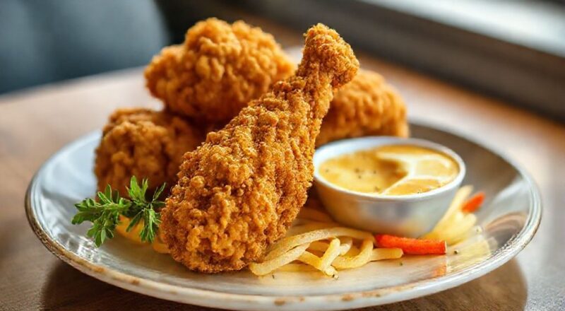 Prato de frango crocante servido em tigela rústica, casquinha dourada e textura suculenta