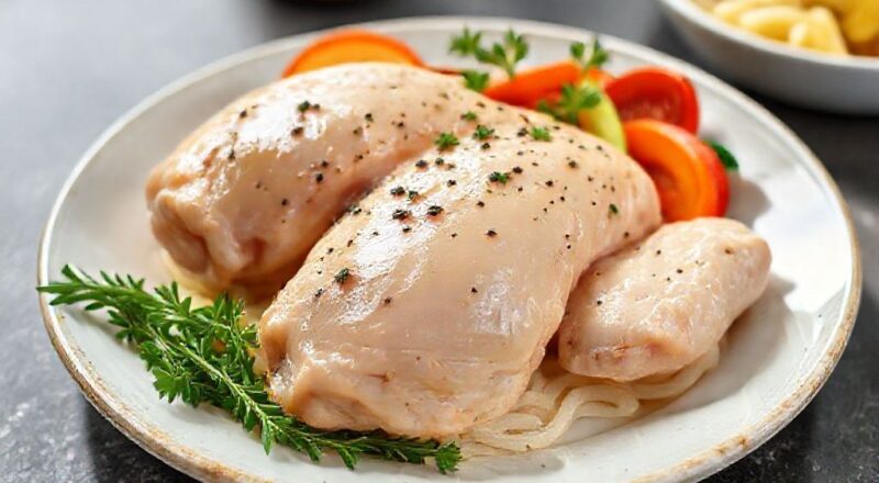 Peças de frango temperadas dispostas em bandeja na cozinha, prontas para cozinhar, com aparência fresca e apetitosa