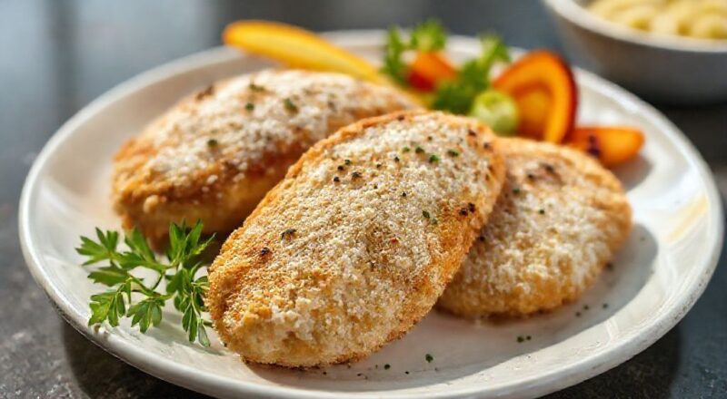 Frango empanado dourado e crocante servido em prato rústico com molho e limão