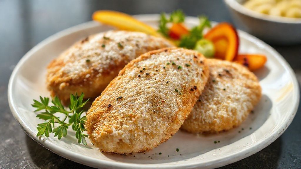 Frango empanado com creme para empanar frango com farinha de trigo, crocante e dourado, servido em prato rústico.