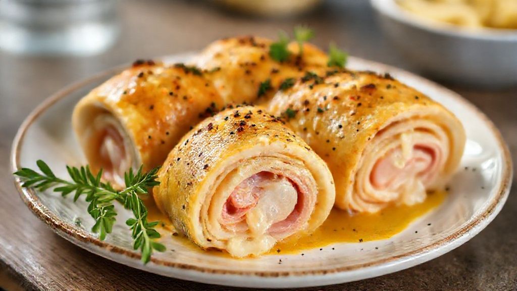 Rolinhos de frango dourados e recheados, servidos em prato branco com ervas frescas e molho ao redor