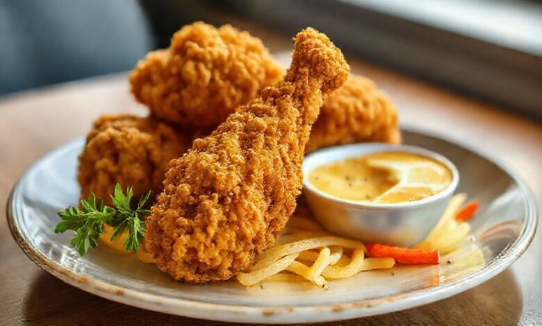 Frango dourado e suculento servido em prato rústico, com crosta crocante e aparência irresistível