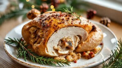 Frango dourado e suculento recheado com farofa natalina, servido em travessa decorada com ervas e frutas secas