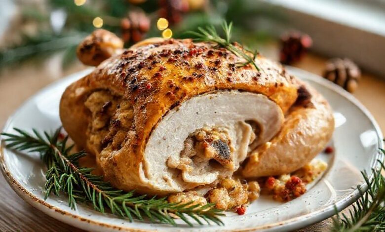 Frango dourado e suculento recheado com farofa natalina, servido em travessa decorada com ervas e frutas secas