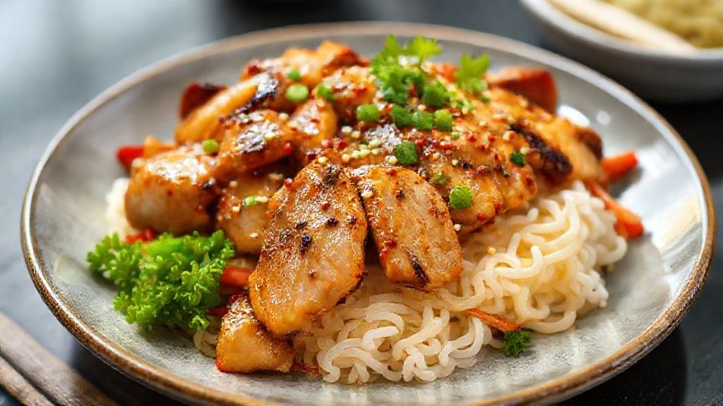 Frango teriyaki servido sobre arroz japonês com molho brilhante e gergelim torrado