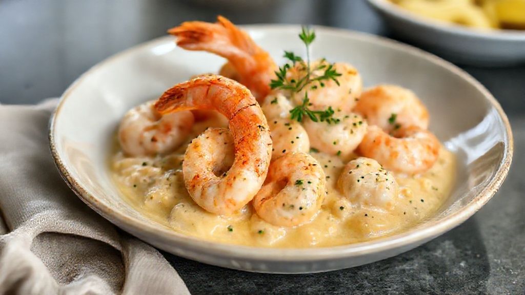 Fricassê de camarão cremoso gratinado com queijo e batata palha dourada servido em refratário