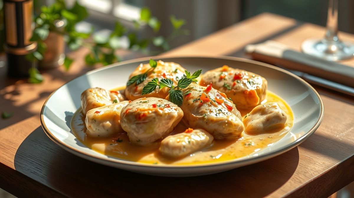 Fricassê de frango cremoso gratinado com batata palha crocante, servido dourado e apetitoso